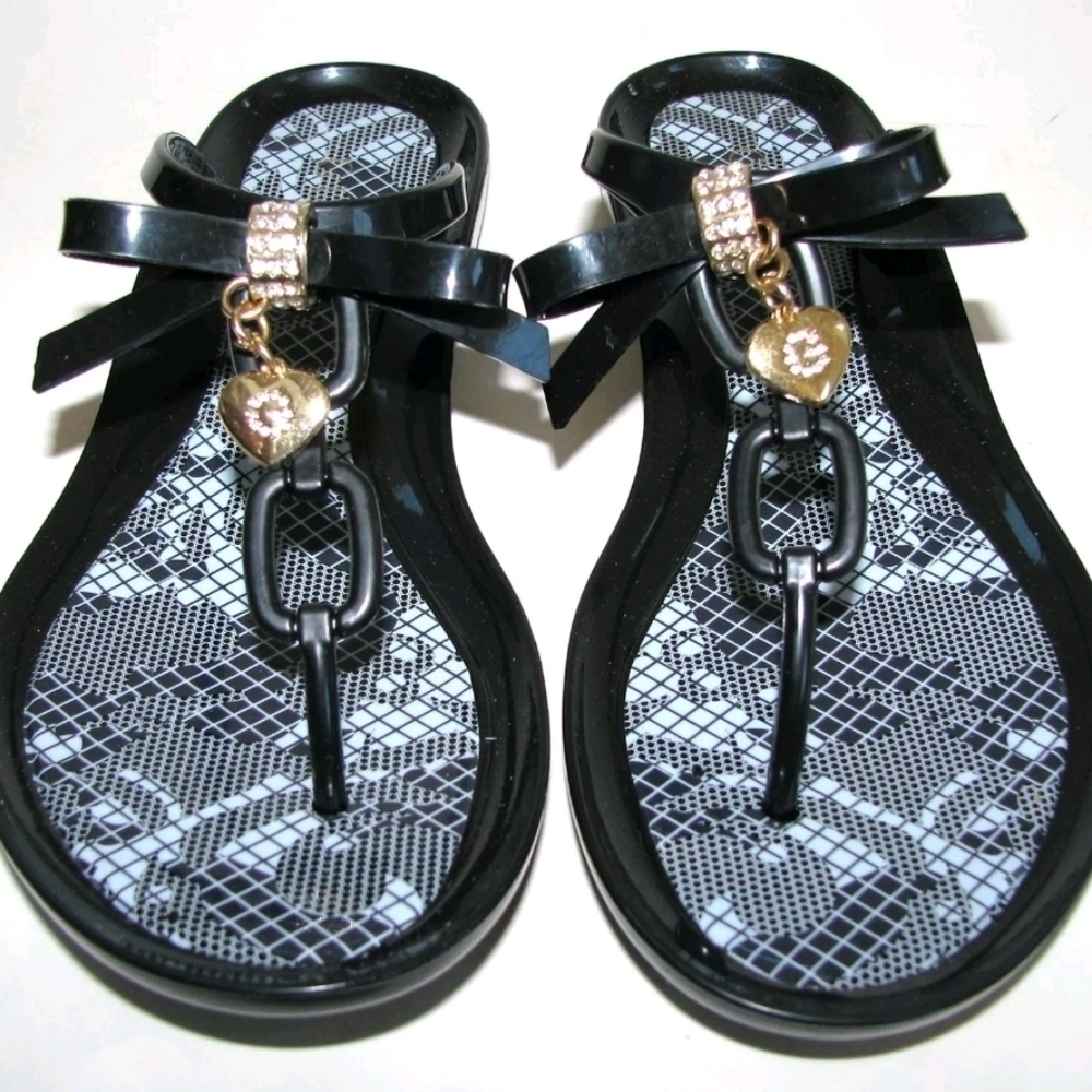 GUESS BLACK BOW TIE,CHAIN SANDALS,GOLD HEART+CRYSTAL CHARM,SHOES,FLIP FLOP